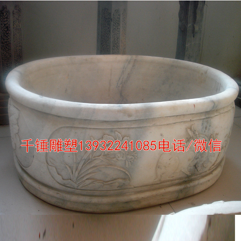 仿古圓形小魚(yú)缸雕塑擺件精品漢白玉石雕花盆雕塑戶外石雕魚(yú)缸擺件